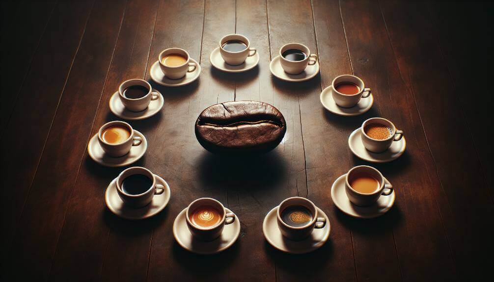 cups of espresso and coffee surrounding a large coffee bean