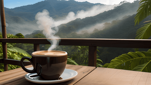 steaming cup of coffee with mountain background