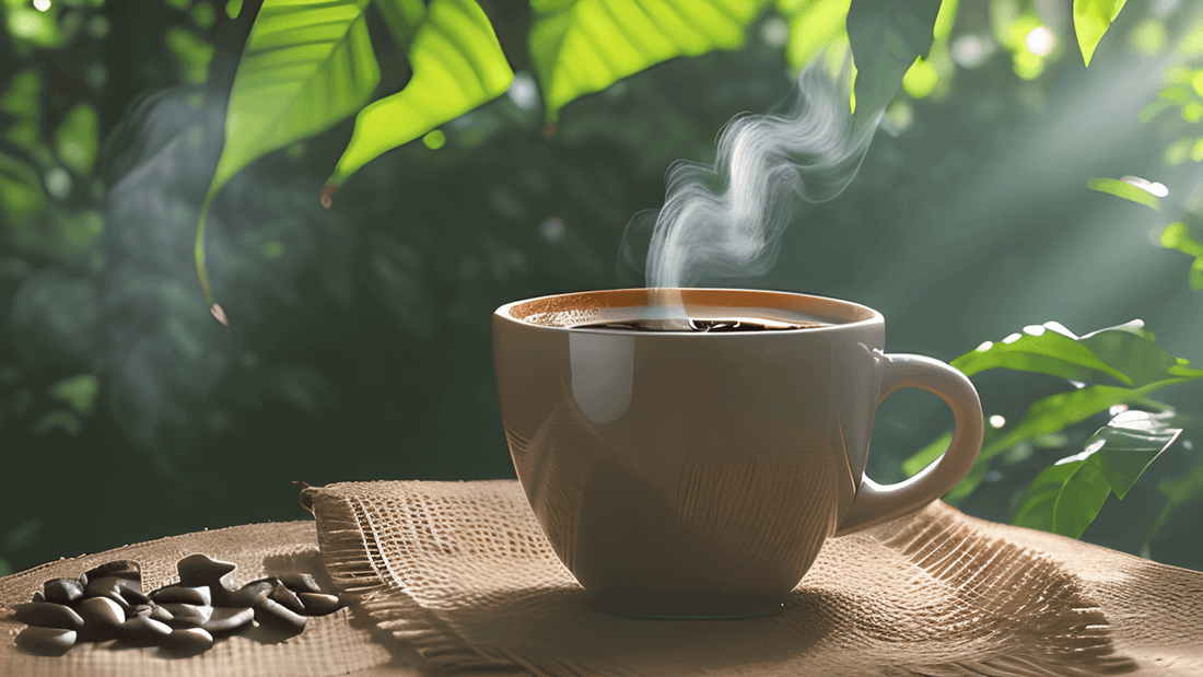 a cup of coffee steaming in a jungle setting