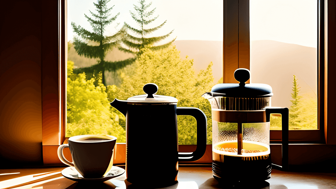 a french press and pour over coffee maker on a counter