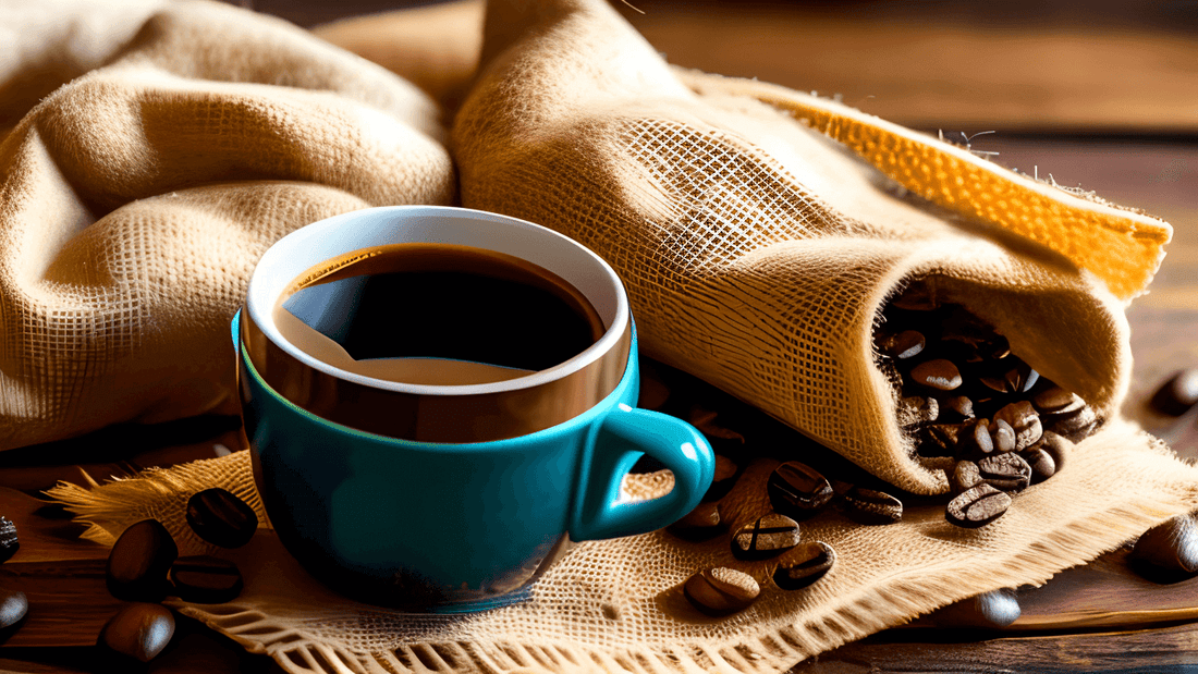 Blue mug of coffee with coffee beans and burlap on a wooden table.