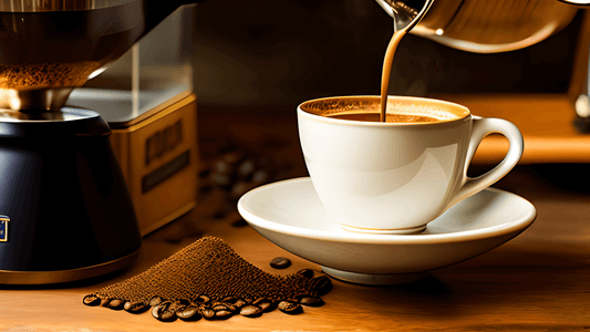 Freshly made espresso pouring into a white cup, with coffee beans and grinder in the background.