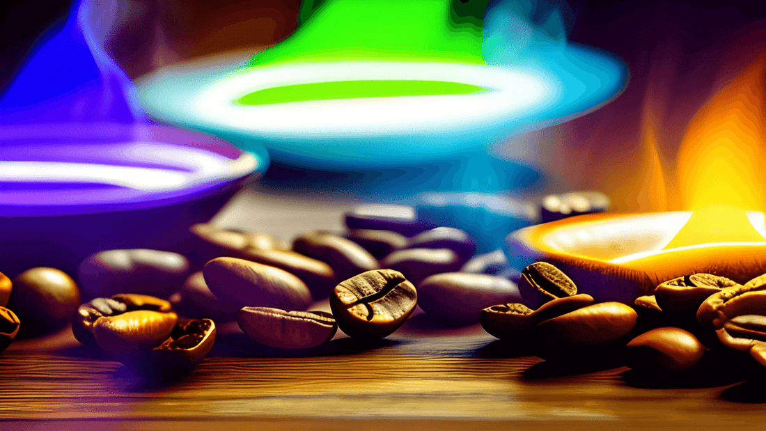 Aromatic coffee beans on wood with a colorful cup and warm lighting.