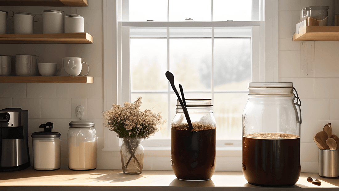 cold brew ingredients sitting on a kitchen counter by the window