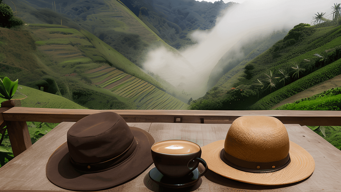 cup of coffee with fields of Colombia in the background